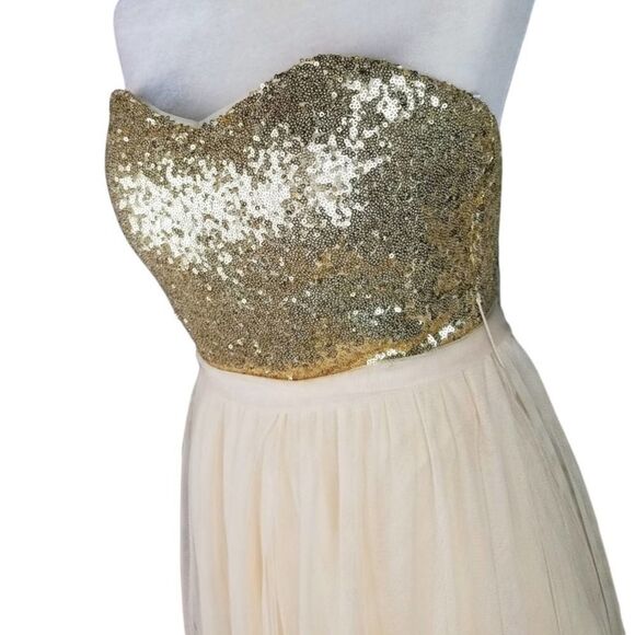 Christina Wu Prom Gown Gold Sequin Sweetheart Bodice Champagne Maxi Dress - Picture 4 of 8